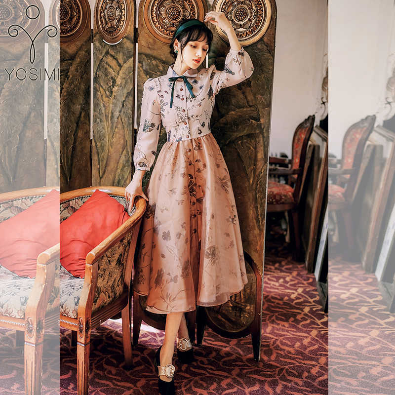 

YOSIMI Autumn Vintage Long Women Dress Organza Print Vestidos Mid-calf Fit and Flare Bow Peter Pan Collar Sleeve 210604, Khaki