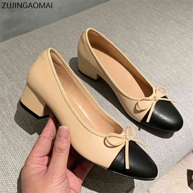 

Bow Ballet High Heels Shoes Woman Basic Pumps Fashion Two Tone Stitching Round Work Shoe Party Women Pump 210827, Apricot black