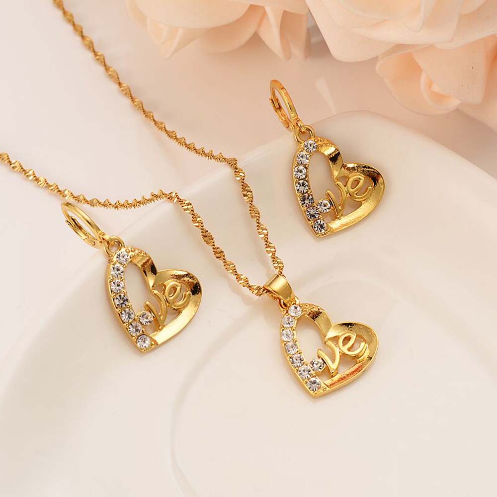 18 k Fine Gold Heart Shape CZ Jewelry sets Pendant Necklaces Women African wedding bridal party Anniversary gifts-image-677932996