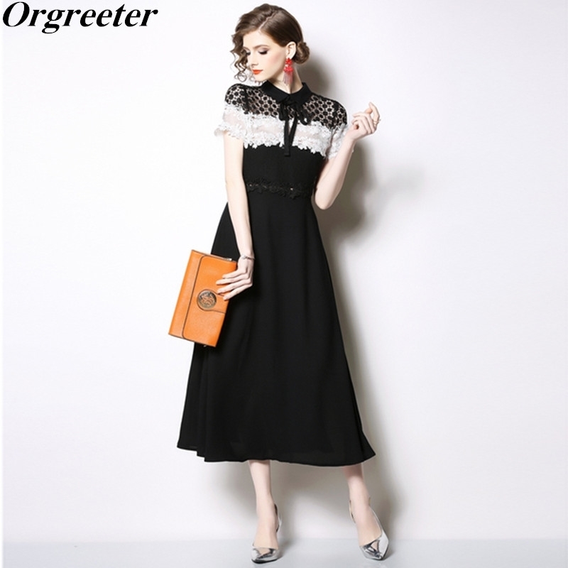

High Quality Summer Elegant Lace Hollow Flower Crochet Dress Women Vintage Black White Chiffon Patchwork 210525