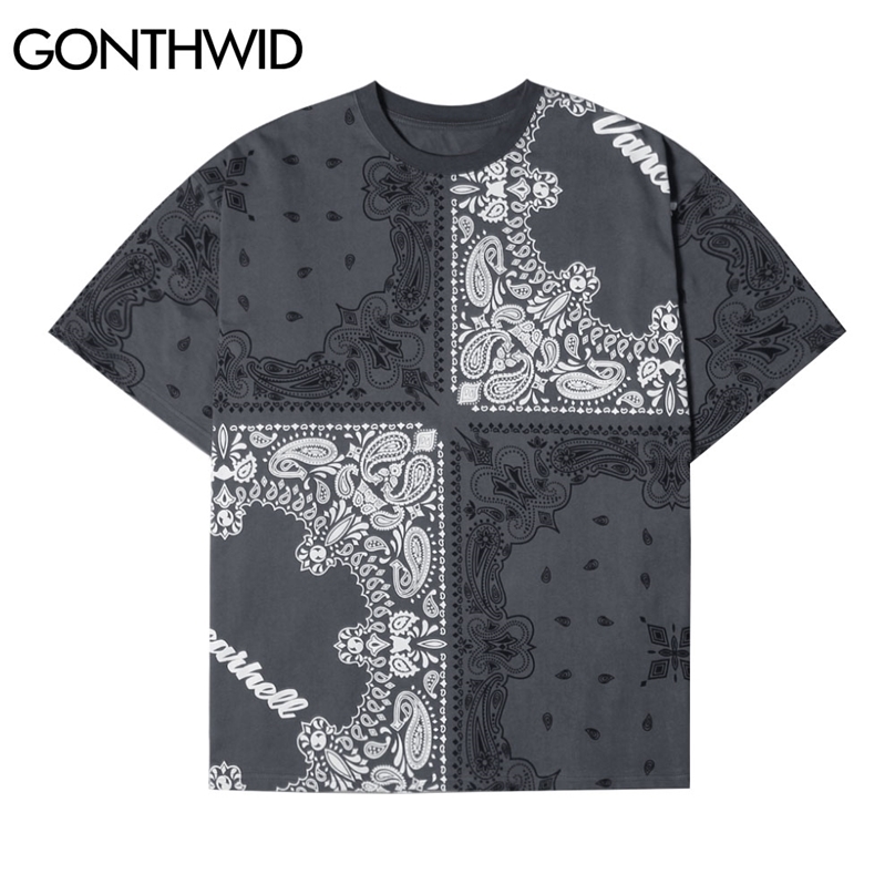 

T-Shirts Streetwear Hip Hop Casual Color Block Bandana Paisley Pattern Print Short Sleeve Cotton Harajuku Tshirts Tops 210602, Black