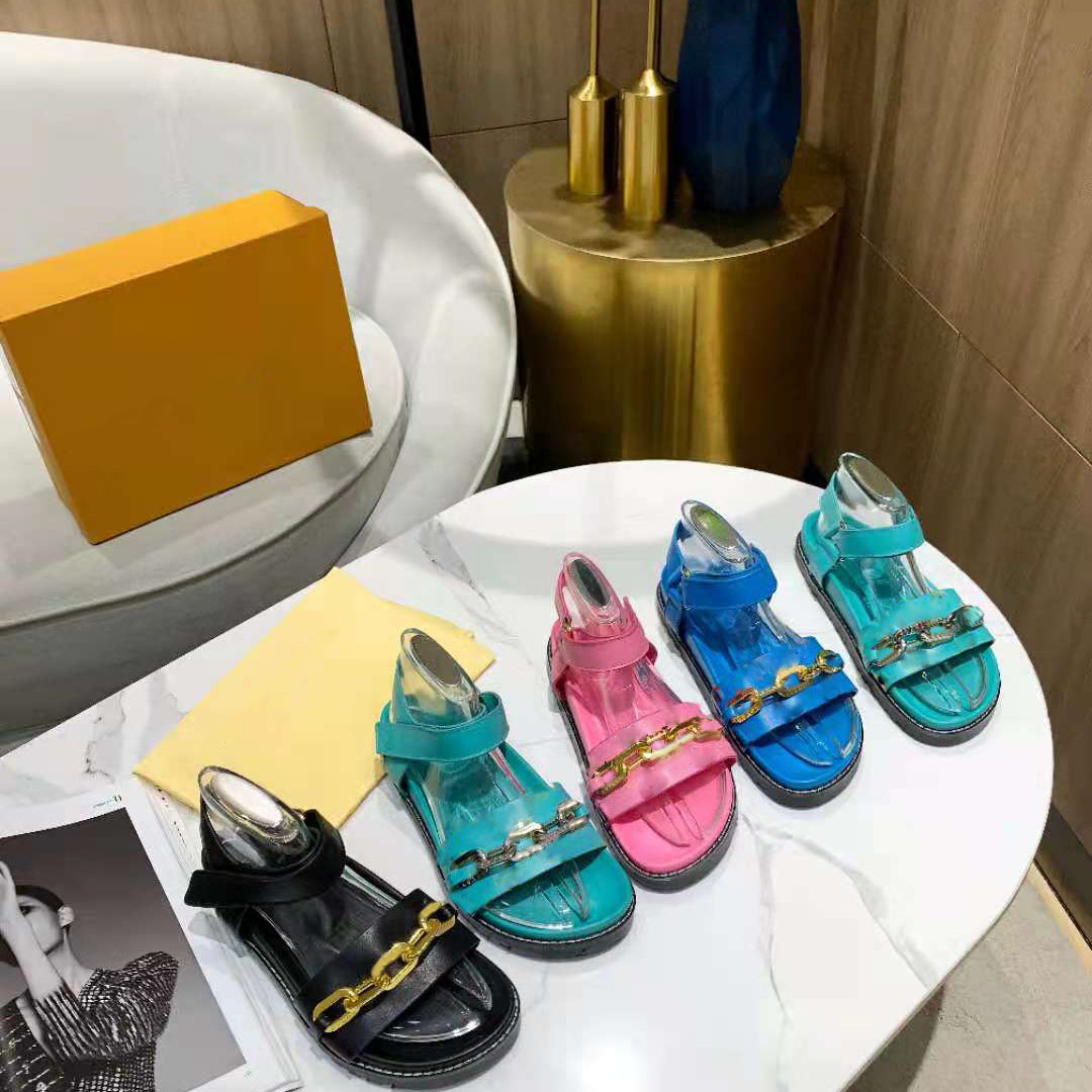 

Gold Chain Sandals Leather Slippers Hollow Out Platform Slides Fashion Embossed Lamb Rubber Slipper Summer Flat Sandal With Box, Color 1