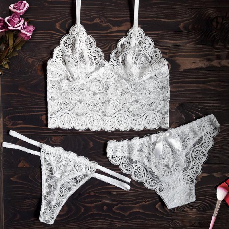 

Bras Sets Women Sexy Lace Lingerie 3PC Set Wireless Bra Bow Thong Underpant S-3XL Lenceria Erotica Porno, White