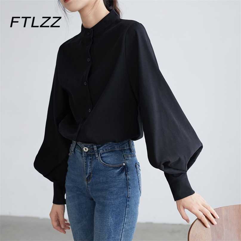 

Women Vintage Lantern Sleeve Blouse Spring Autumn Long Slim Stand Colsr Shirts Woman Tops 210525, Blue