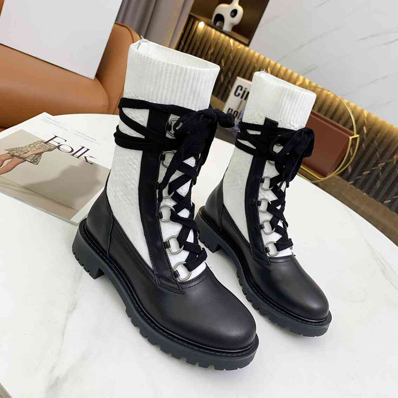 

Winter lady designer boots fashion mixed color knitted real leather half boot 3cm platform lace-up women's booties with box, Wear sticker