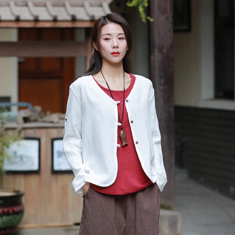 

Johnature Style Casual Shirts Cotton Linen Button v-neck Women Blouse Spring Summer Long Sleeve Solid Women Blouse 210521, White