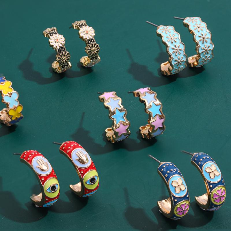 Stud Design Enamel Colorful Hand Earrings For Women Fashion Sweet Flower C-shaped Statement Jewelry-image-694647336