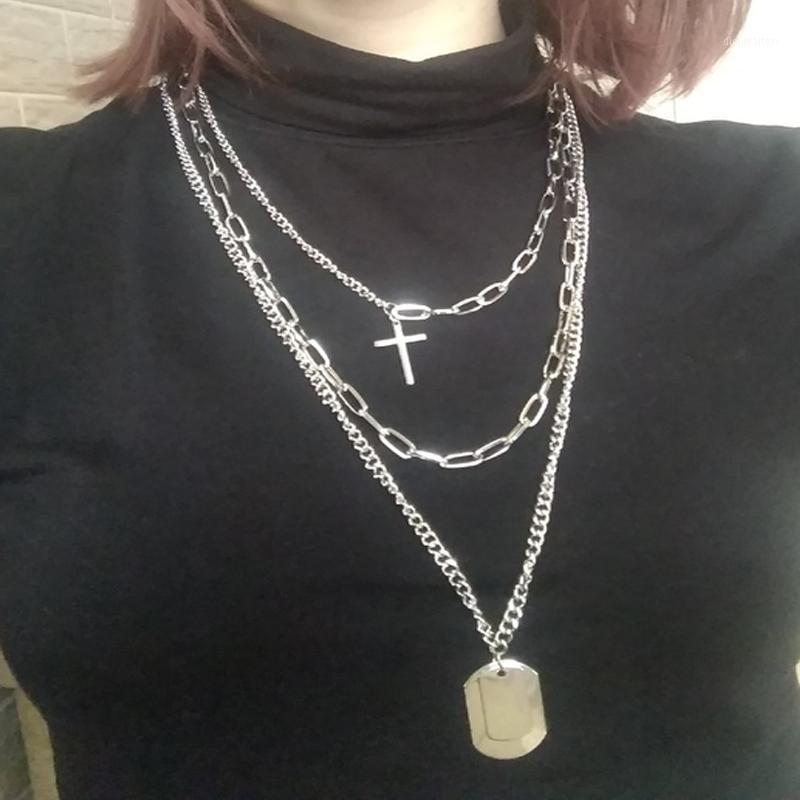 

Women Fashion Cross With Dog Tag Choker Necklace Multi-Chain Statement Chains