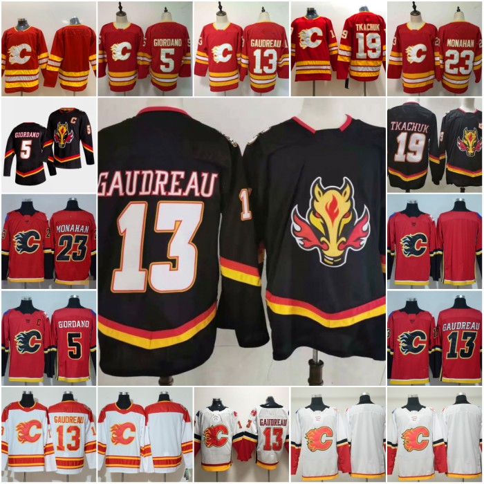 

Calgary Flames 2021 Reverse Retro Black 19 Matthew Tkachuk Hockey Jersey 13 Johnny Gaudreau 5 Mark Giordano 23 Sean Monahan Stitched, Black;red