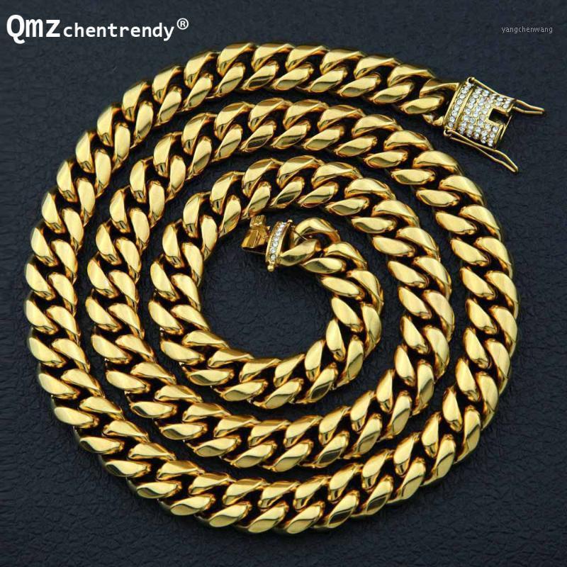 

Stainless Steel 10/14mm Men Miami Cuban Chain Necklace Rhinestone Clasp Iced Out Cool Hip Hop Casting Punk Necklaces Chains