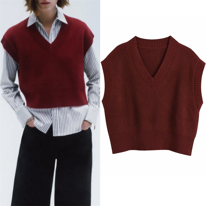 

Cropped Knitted Vest Women Winter V Neck Sleeveless Sweater Woman Vintage Ribbed Trims Casual Pullovers Top 210519, Maroon