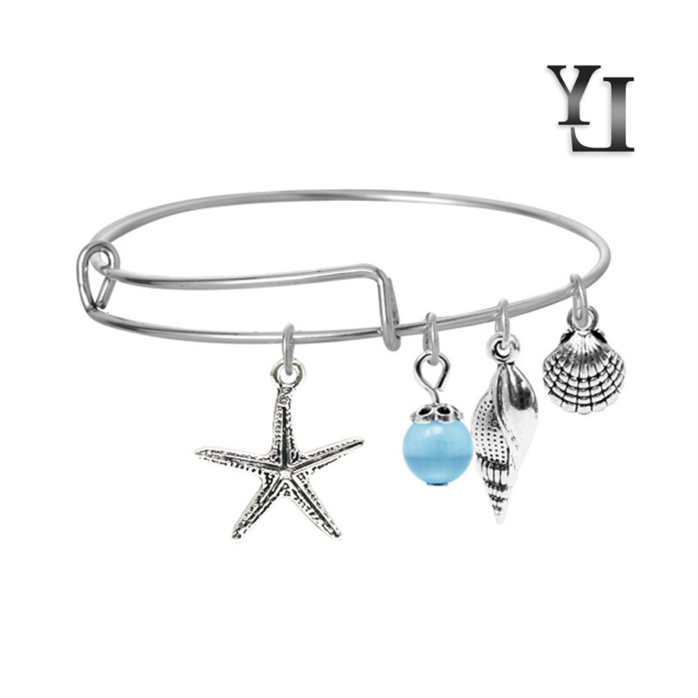 

Hand catenary Jewelry tree of life palm pendant starfish shell alloy personalized wire ring bracelet b0397, Golden;silver