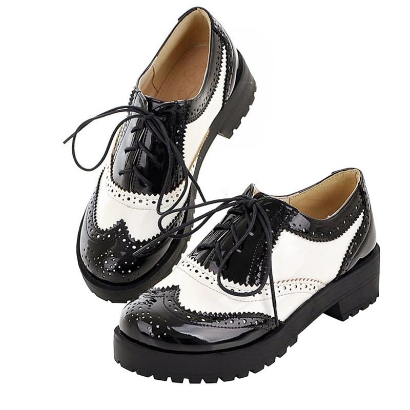 

Dress Shoes Women Brogue Vintage Chunky Heel Platform Pumps Oxford Lace Up Female Fashion Elegant Ladies Brogues Black And White