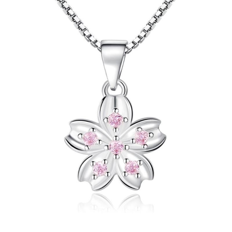 

Chains Five Petals Pink Zircon Cherry Blossoms Pendant Necklace For Women Clavicular Chain Jewelry Choker SAN42