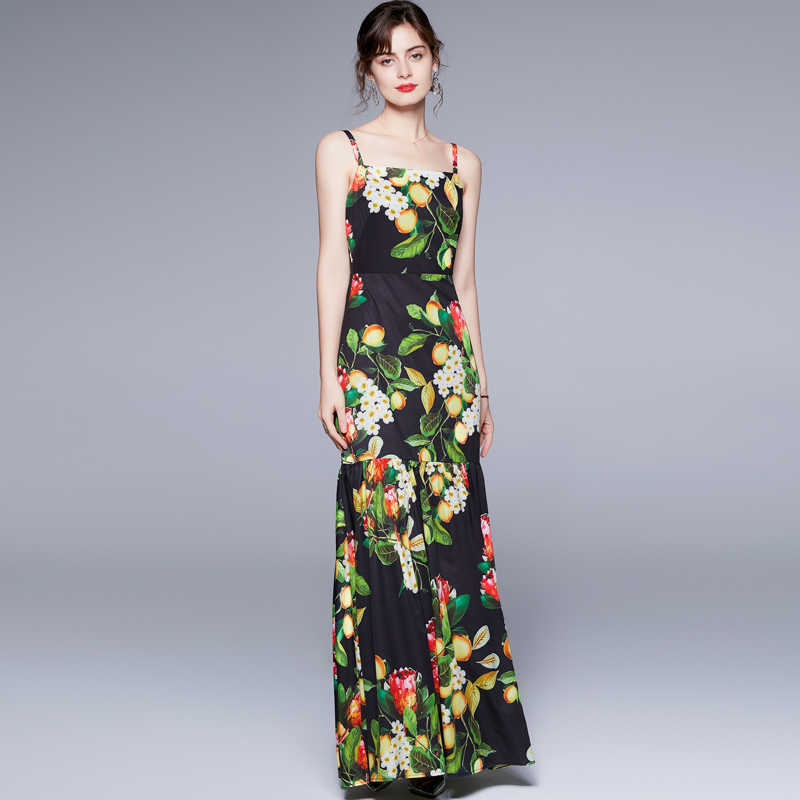

Women Summer Designer Elegant Maxi Dress Sexy Slim Cocktail Party Robe Female Vintage Floral Print Trumpet Dress Vestidos 210525, Black