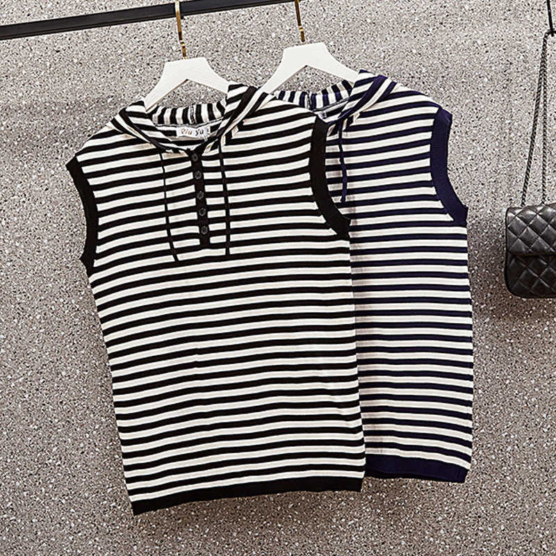 

L-3XL plus size women kint thin sweater pullover sleeveless hooded Stripe Oversized sweaters Summer t-shirt jumper 210604, Blue