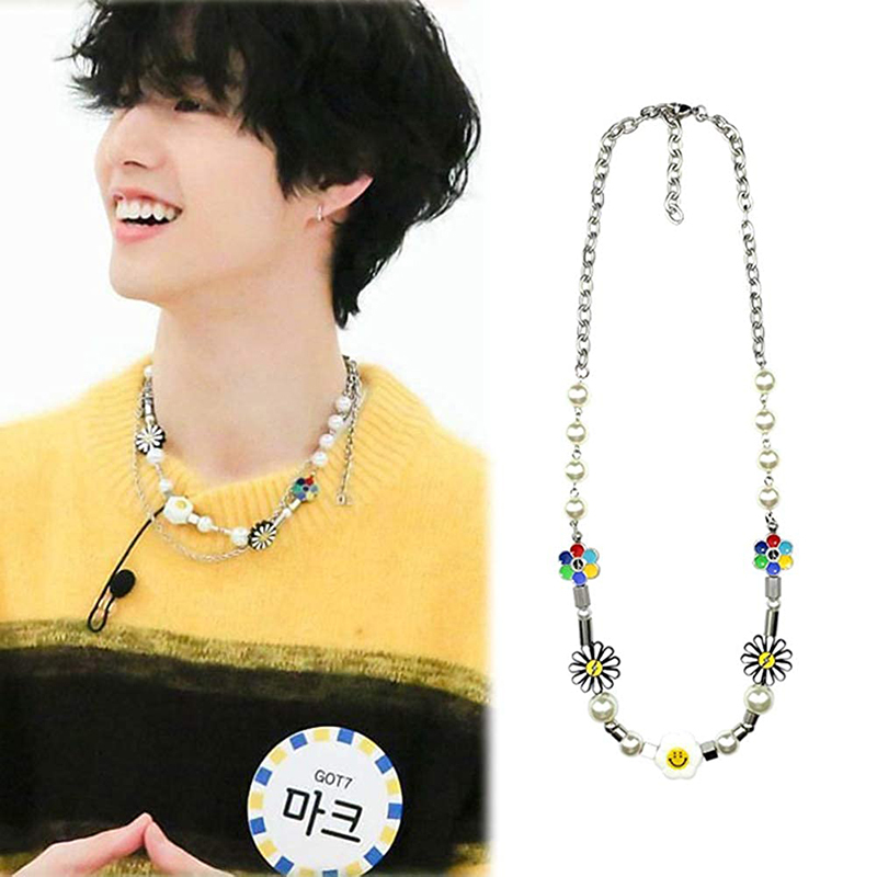 

KPOP GOT7 MARK Weekly Idol Daisy Flower Pearls Chain Necklace and Bracelet