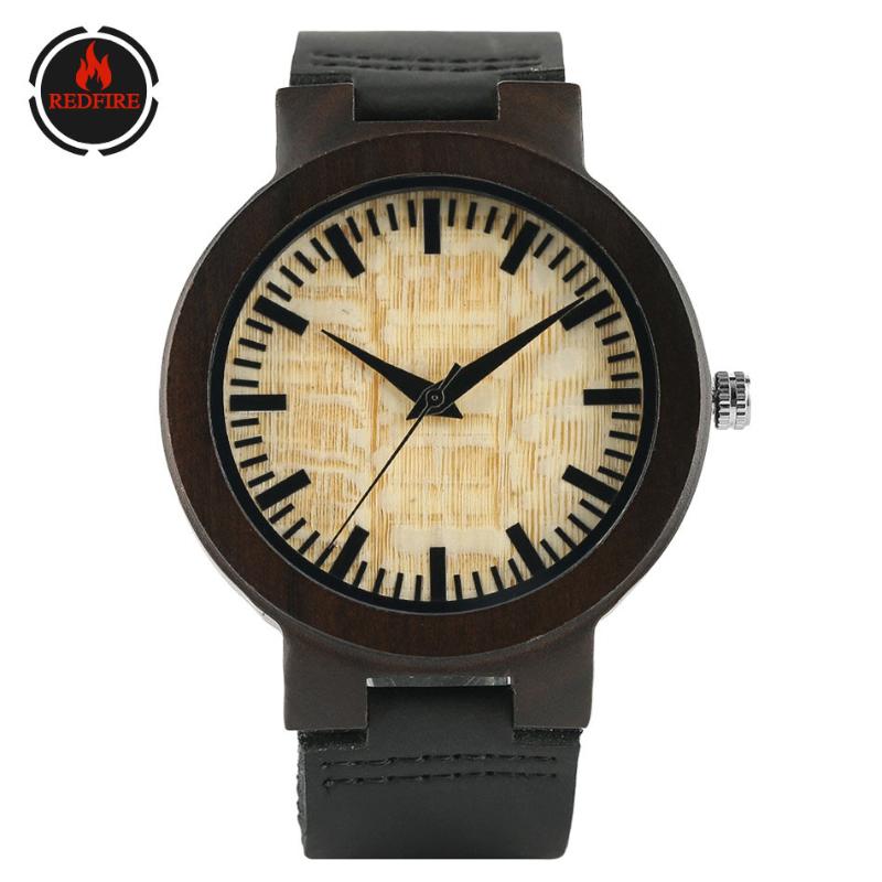 

Wristwatches REDFIRE Vintage Yellow Dial Ebony Men's Watches Black Genuine Leather Wood Watch Men Quartz Minimalist Wooden Clock, Slivery;brown