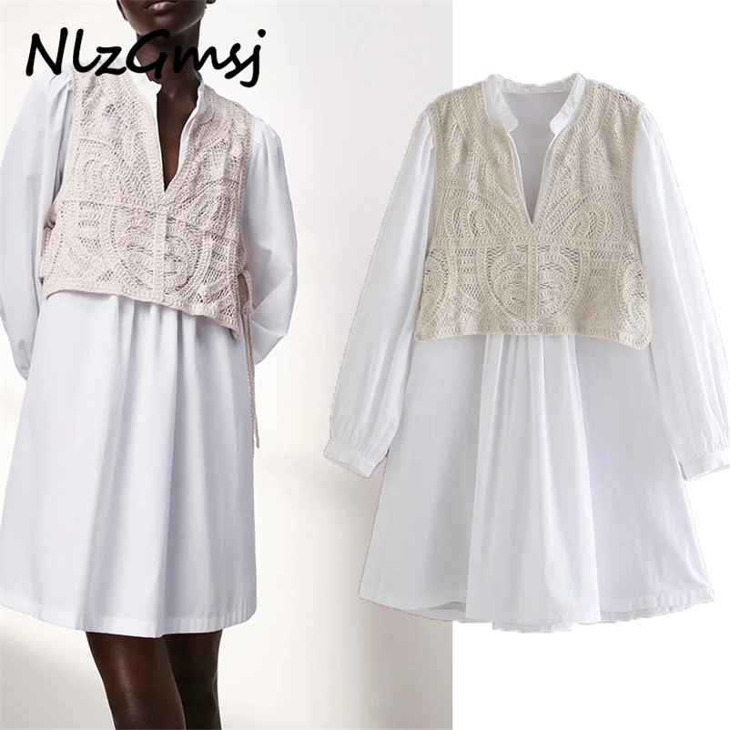 

Women Dress ZA fashion White Hollow knitted fake two-piece vest stitching poplin dress for women 04 210628, As picture