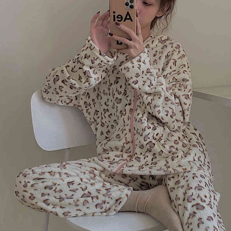 sleepwear Stylish Korean Hooded Nightwear Leopard High Quality Homewear Animal Printed Women All Match Loose Pajamas Sets-image-675657865