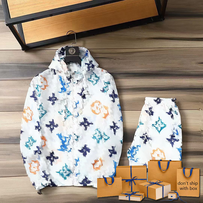 

Sun protection clothing Designer Mens Dress man tracksuits Summer Suits Casual Outfits Classic Shorts Pants Fashion cotton tracksuit Men Two Pieces, Gray