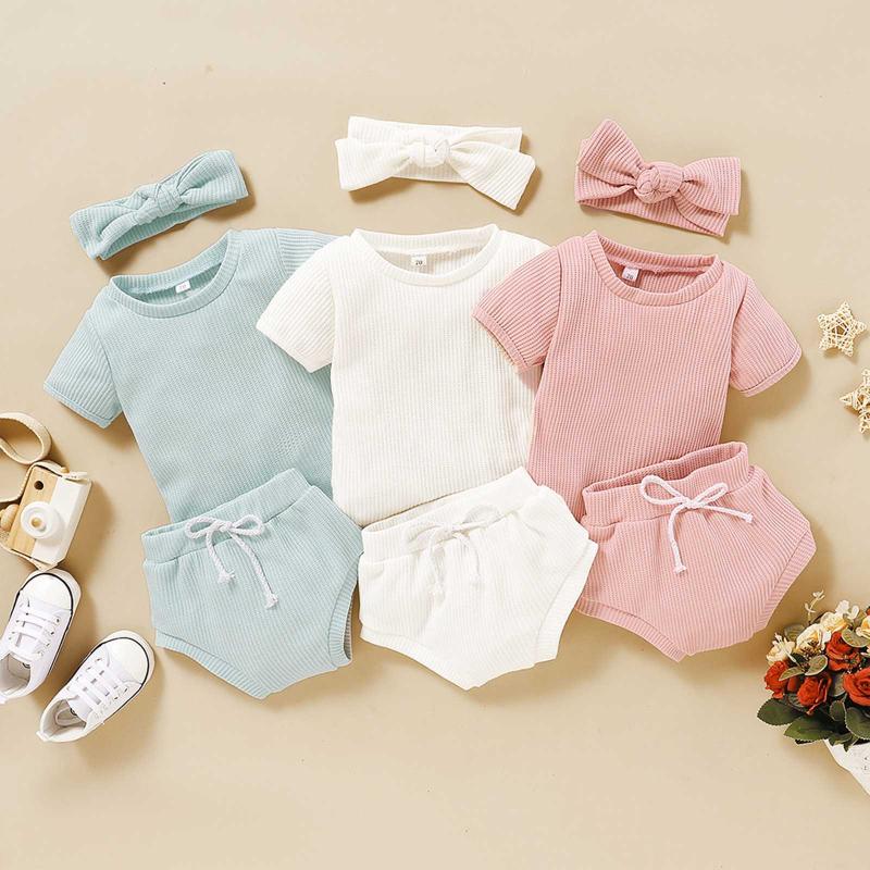 

Clothing Sets #48 Infant Girl Clothes Toddler Baby Summer French Rib Solid Color Shorts Short Sleeve Hair Tie Set Roupas Infantis Menina, White