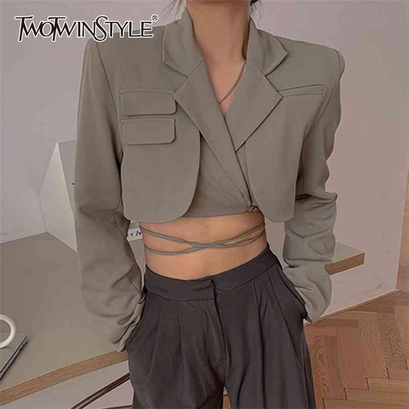 

Hollow Out Cross Blazer For Women Notched Long Sleeve Casual Short Blazers Female Fashion Clothing Style 210524, Pink