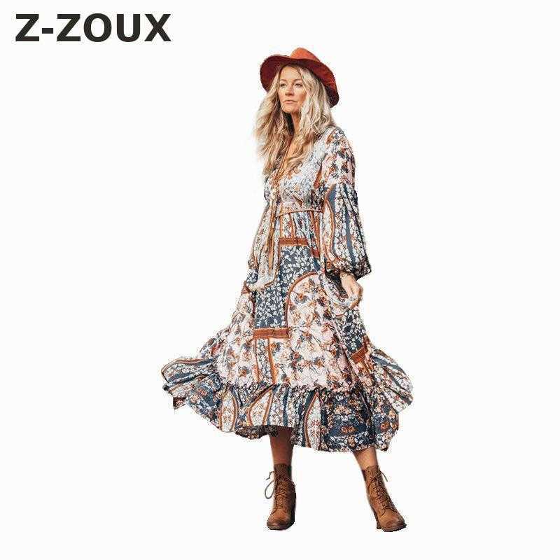 

Women Dress V Neck Long Sleeve Print Maxi es Bohemian Ruffles Floral Lace Up Loose es 210524, As picture