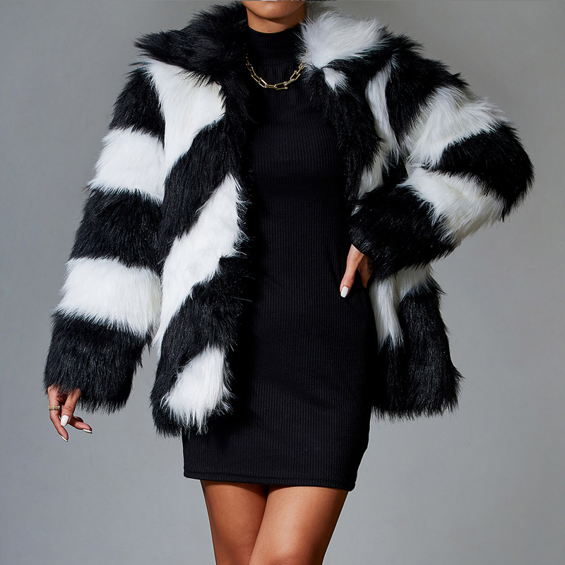 

2021 Faux Fur Coat Splicing European and American Double-sided Black Long Sleeve Catwalk Lapel Female