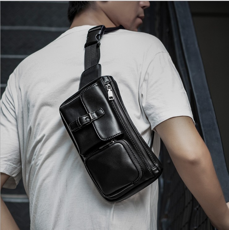 

luxurys Leather bag for men casual messenger bags fashion men's chest pack large capacity Business backpack, Black