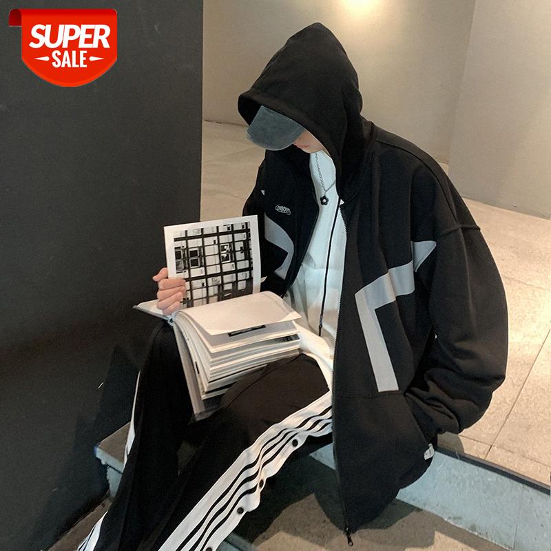 

INTFEDAY Hip Hop Color Block Hooded Sweatshirt Men's Large Zip Cardigan Printed Sports Jacket #4205, Black