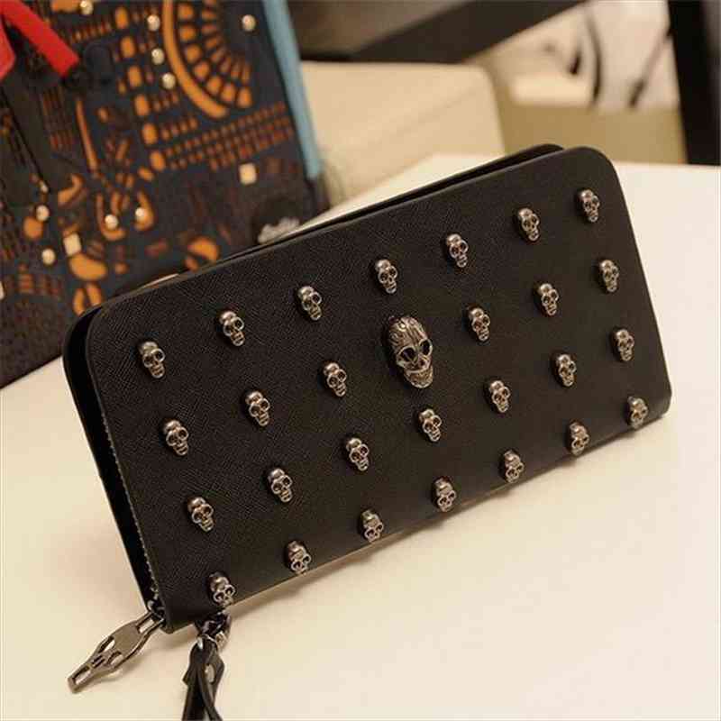 

women wallets metal skull wallet card purse leather wristlet portefeuille handbags carteira feminina, Red;black