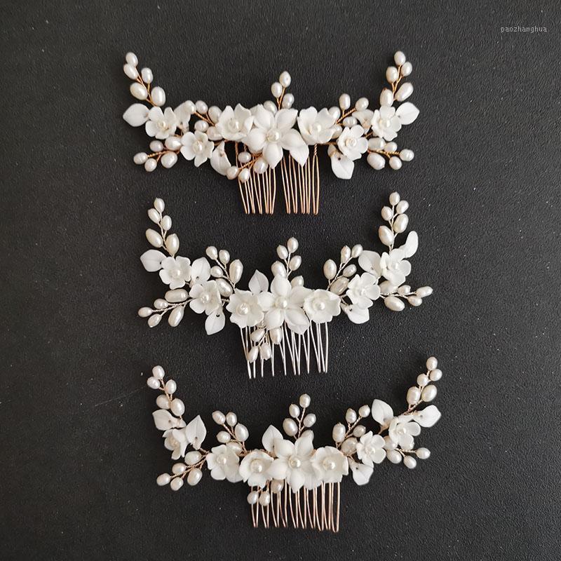

Hair Clips & Barrettes SLBRIDAL Handmade Porcelain Flower Leaf Freshwater Pearls Bridal Comb Wedding Headband Accessories Women Jewelry, Golden;silver