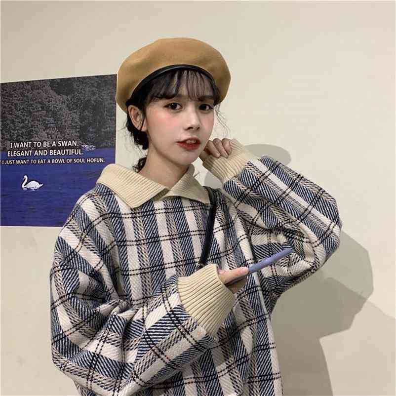 

Fashion Women Sweater Polo Neck Sweaters Sweet Preppy Style Autumn Plaid Pullovers Oversized Knitted Clothing Winter 210519, Apricot