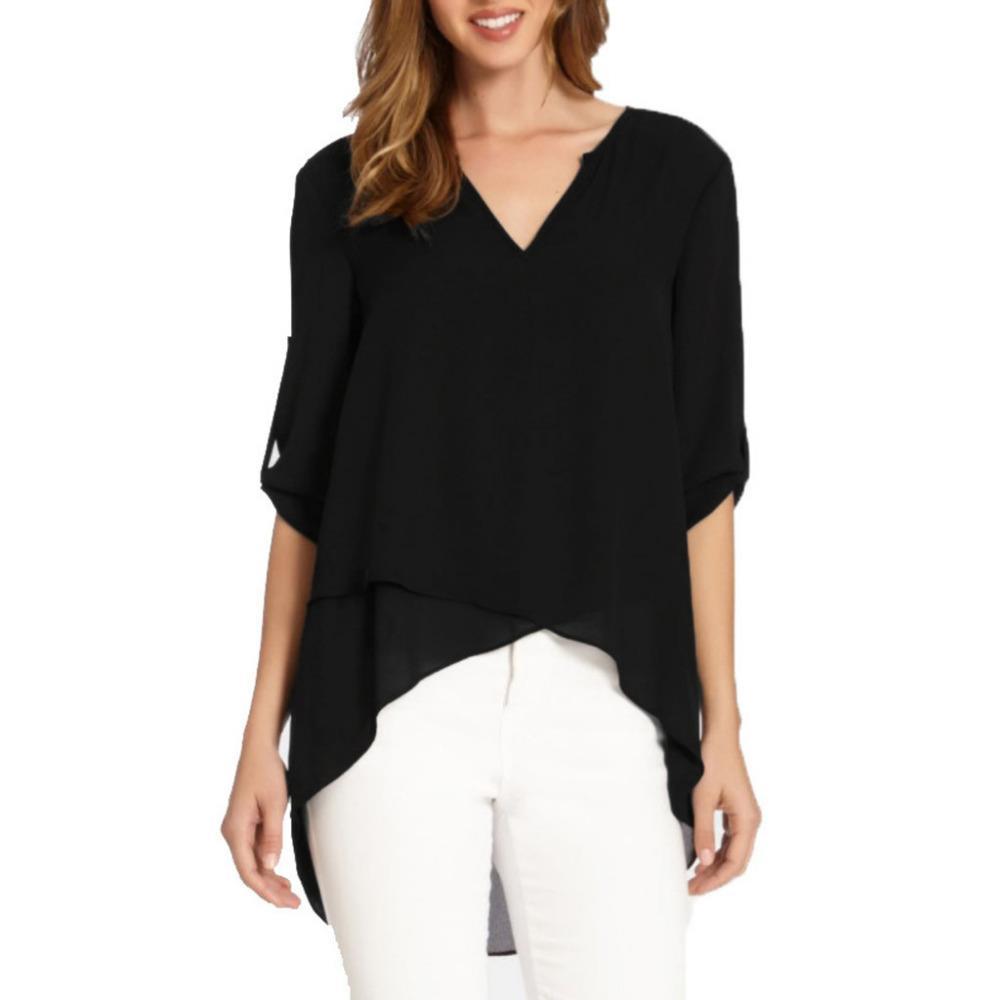

women chiffon shirt blouse v neck cropped sleeves can be sleeved irregular loose mujer summer blouses, White