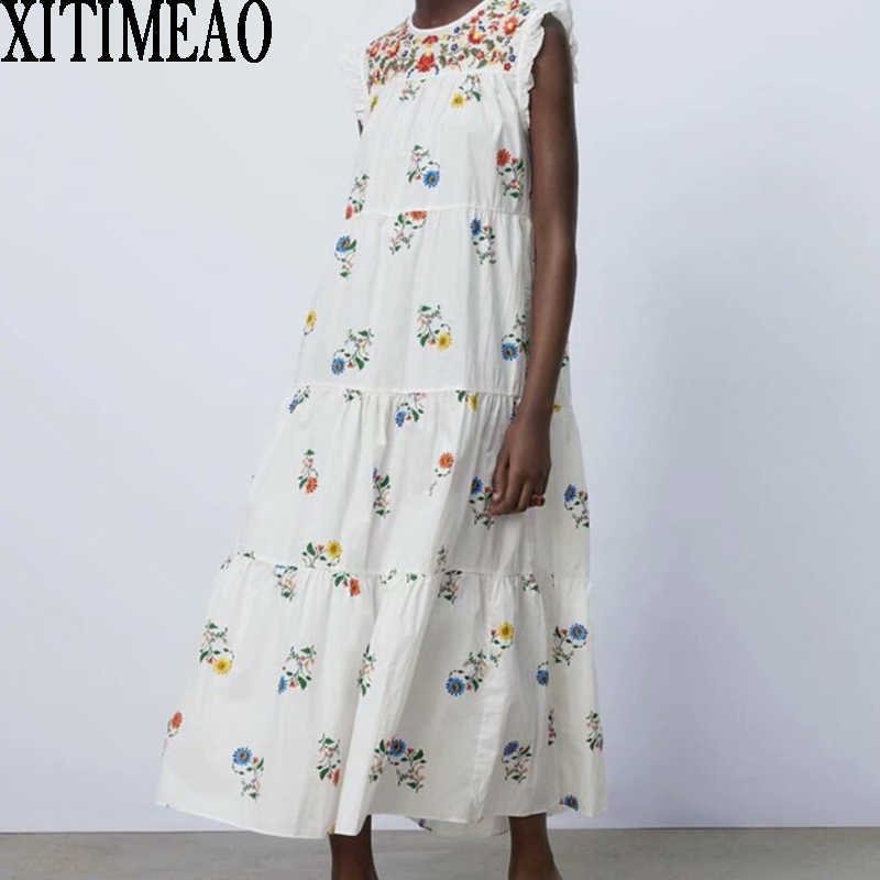 

ZA Women Summer Vintage Print Casual Sleeveless Embroidered Dress Leisure Vacation Long Skirt Xitimeao 210602, White