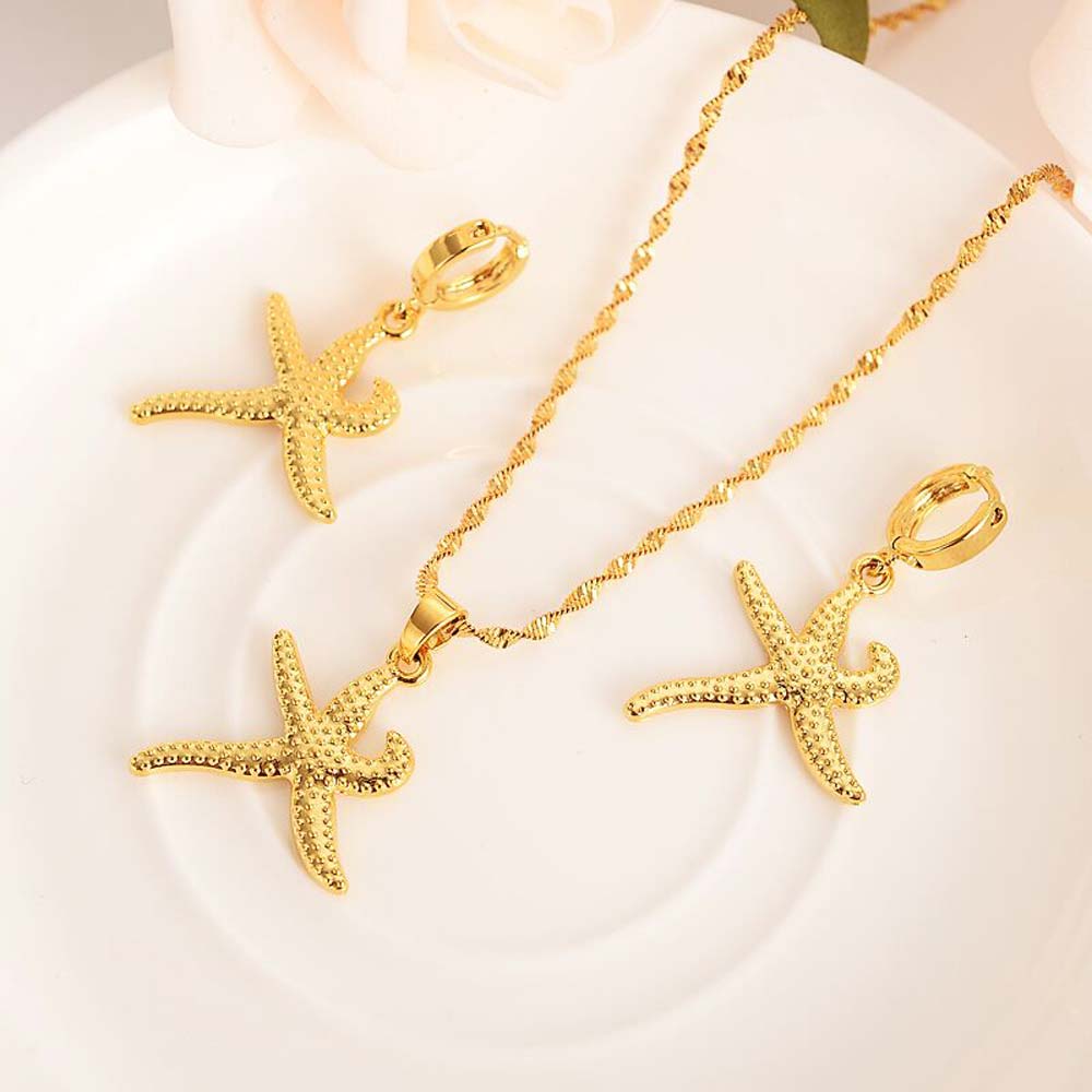 18 k Solid G Gold starfish Pendant Necklace earrings hippocampus animal jewelry Young style Papua Guinea Traditional party-image-677955315