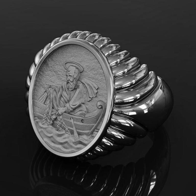 

Wedding Rings Luxury Vintage Men's Ring Pope Leo XIII Fisherman's Human Rights Silver Color Fisherman Statue Male For Party Jewelry