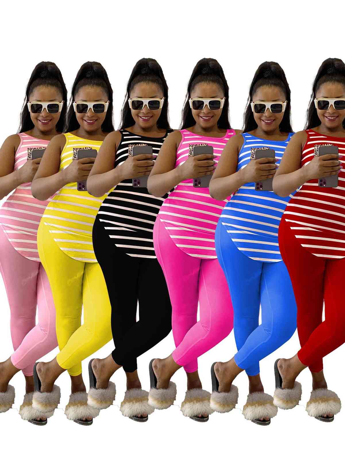 

Women Two Piece Pant suit summer women's fashion sleeveless stripe printed clothes solid color T-shirt pants Two-piece sets S-3XL 8219, 3# black