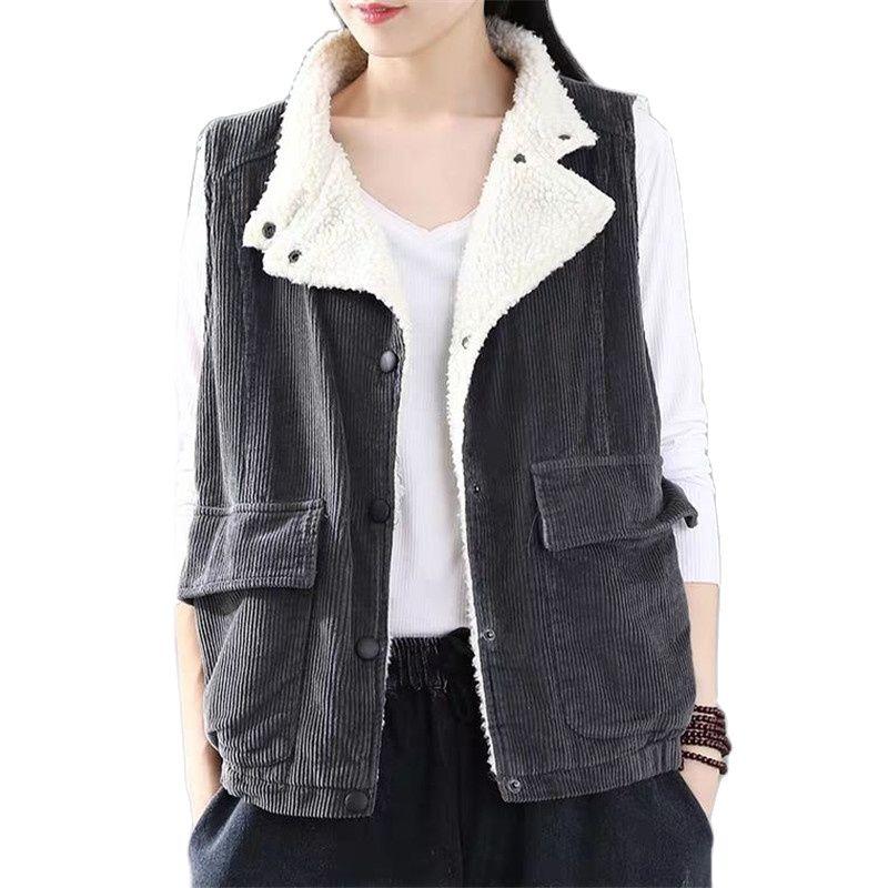 

Women's Vests 2021 Autumn Winter Female Vest Tops Retro Corduroy Waistcoat Women Jacket Plus Velvet Thick Lamb Wool Sleeveless Coat Ladies, Blue