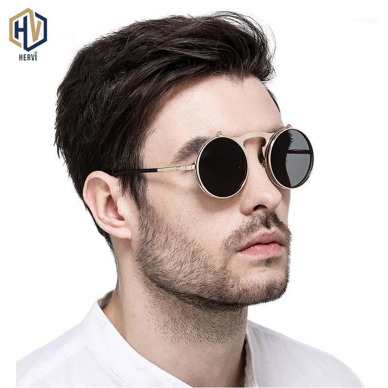 

Sunglasses Vintage Steampunk Flip Up Men Women Retro Round Metal Frame Sun Glasses Hinge Design Curved Legs UV4001