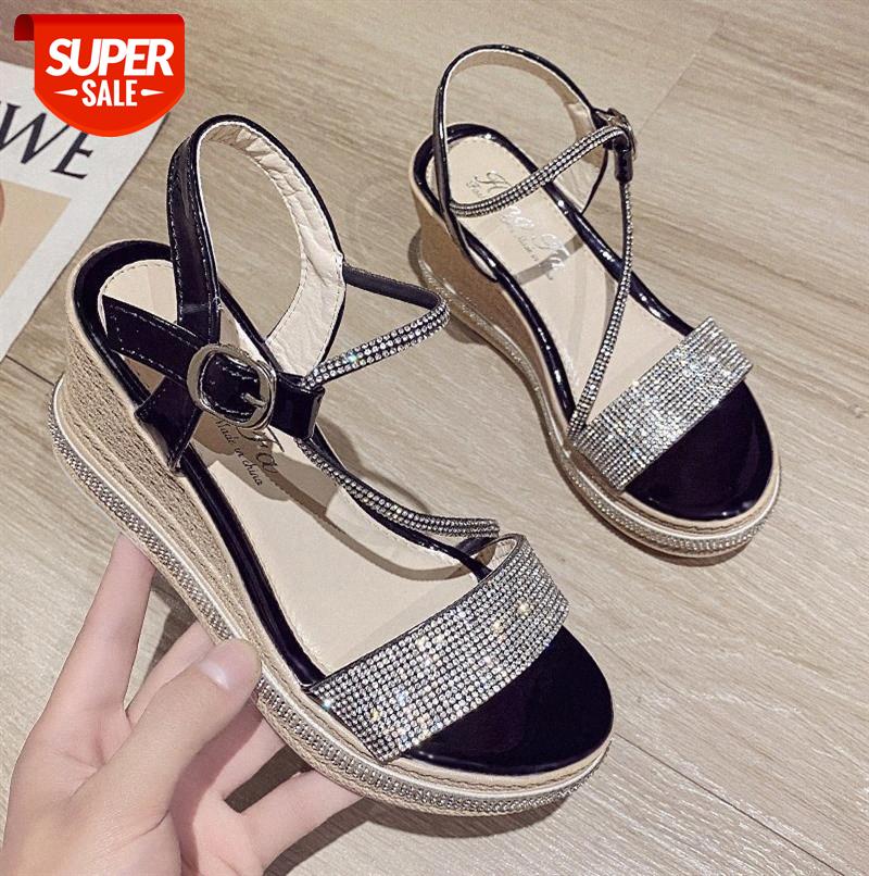 

Women's wedge sandals Korean style rhinestone one-word buckle strap platform open-toe high-heel women #0i1k, Black
