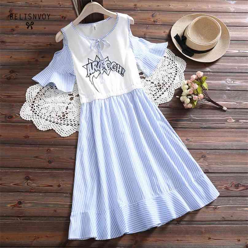 

Japanese Mori Girl Summer Dress Women Off The Shoulder Short Sleeve Blue Striped Dresses Female Kawaii Sweet Vestidos 210520