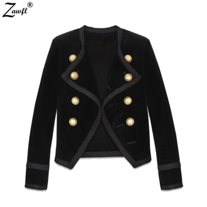 

ZAWFL Runway Autumn Winter Women Jacket Coat Designer Black Velvet Double-Breasted Long Sleeve Slim Short 210525, Picture color