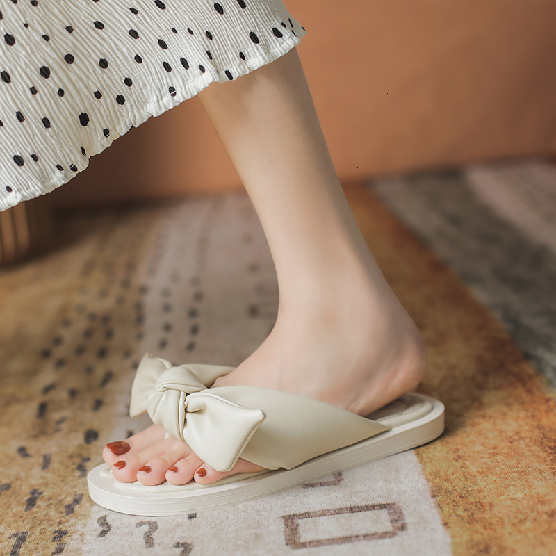 

red Slippers women summer net bow soft flat bottom versatile wear herringbone cool slippers QY3D, 1# shoe box