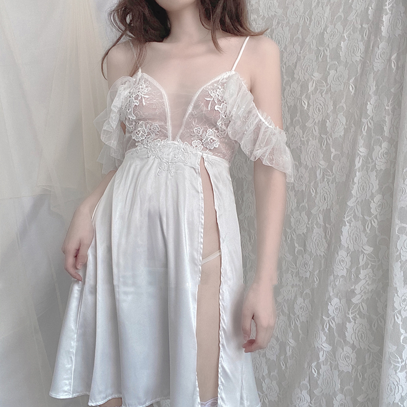 

V-neck Sleepdress Ice Silk Short Sleeve Lace Skirt Home Nighty Sexy Sleepwear Nightgowns Women Silk Lingerie Sleeping Dress, Red