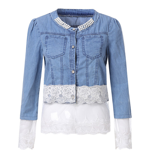 

Womens Jackets Denim Jacket Pearl Decoration Lace Cuffs Fashion Coat Thin Section White Mesh Hem Solid Wash Top, Black