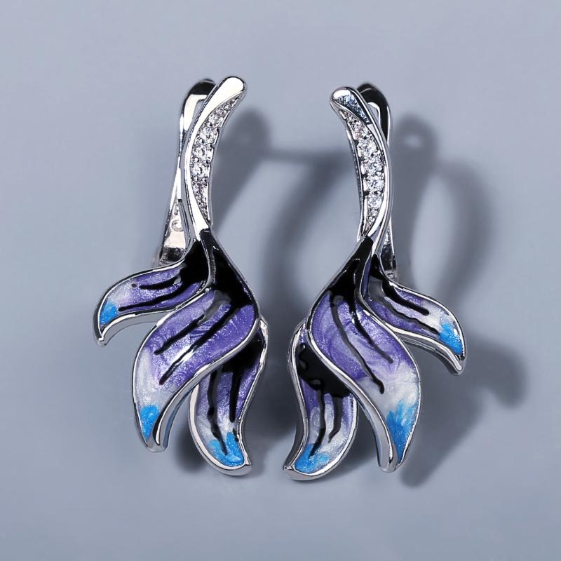 

Stud 925 Silver Long Beautiful Flower Shape Earrings Violet Epoxy Handmade Enamel Ladies Earring Jewelry Romantic For Women, Golden;silver