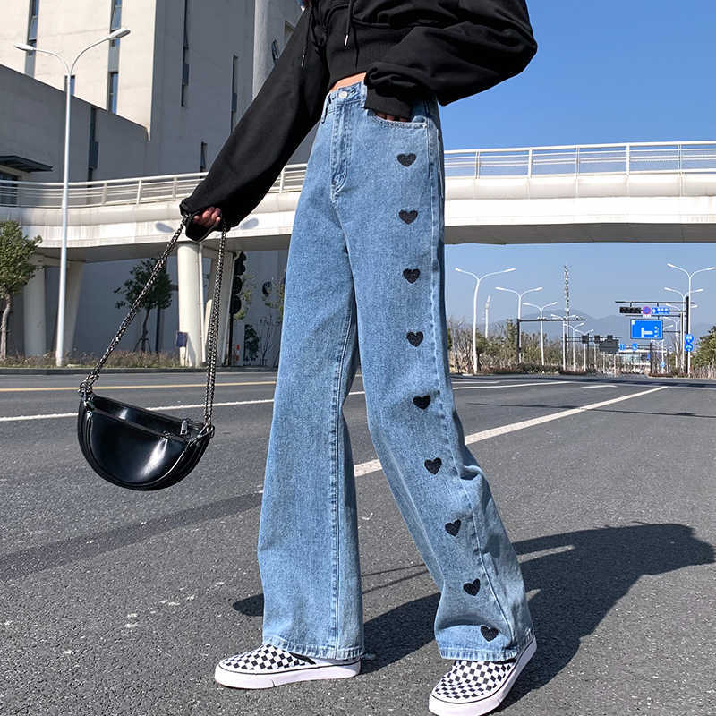 

Jeans Women Plus Size 5XL Full Length Vintage Blue Elegant Embroidery Wide Leg Trousers Womens BF Loose Streetwear Kpop Ulzzang 210604