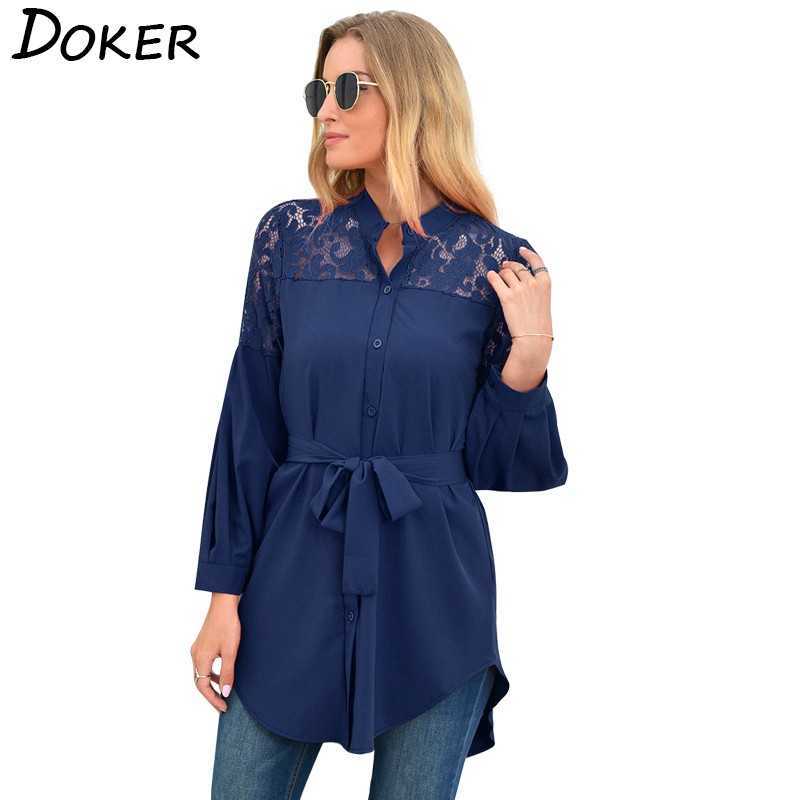 

Womens Tops And Blouses Autumn Stand Collar Long Sleeve Casual With Belt Office Elegant Ladies Shirts Plus Size Blouse 210603, Red